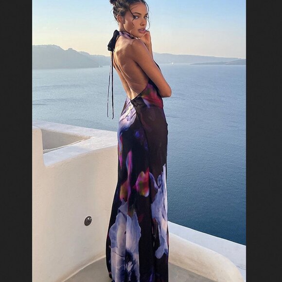 Commense Large Black Purple Floral Backless Haltner Maxi Dress Vacation Summer - Picture 2 of 5